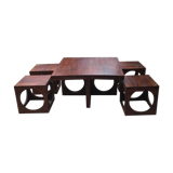Coffee table in teak with its 4 stools