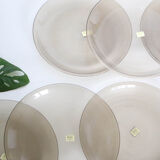 Set of 6 flat plates Arcoroc, in gray smoked glass, vintage French