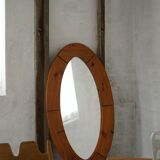Large oval wall mirror in solid pine by Glasmäster Markaryd, Sweden, 1960s.