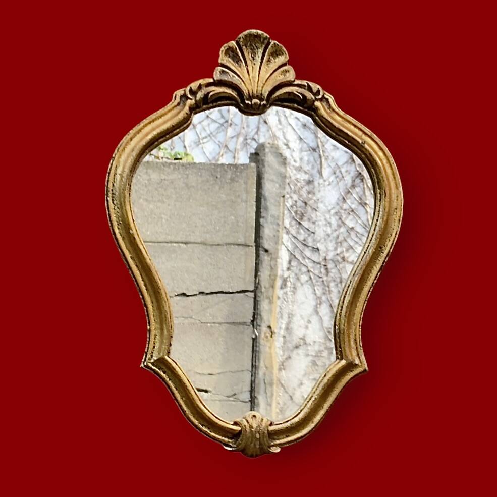 Small vintage rockery wall mirror in golden resin