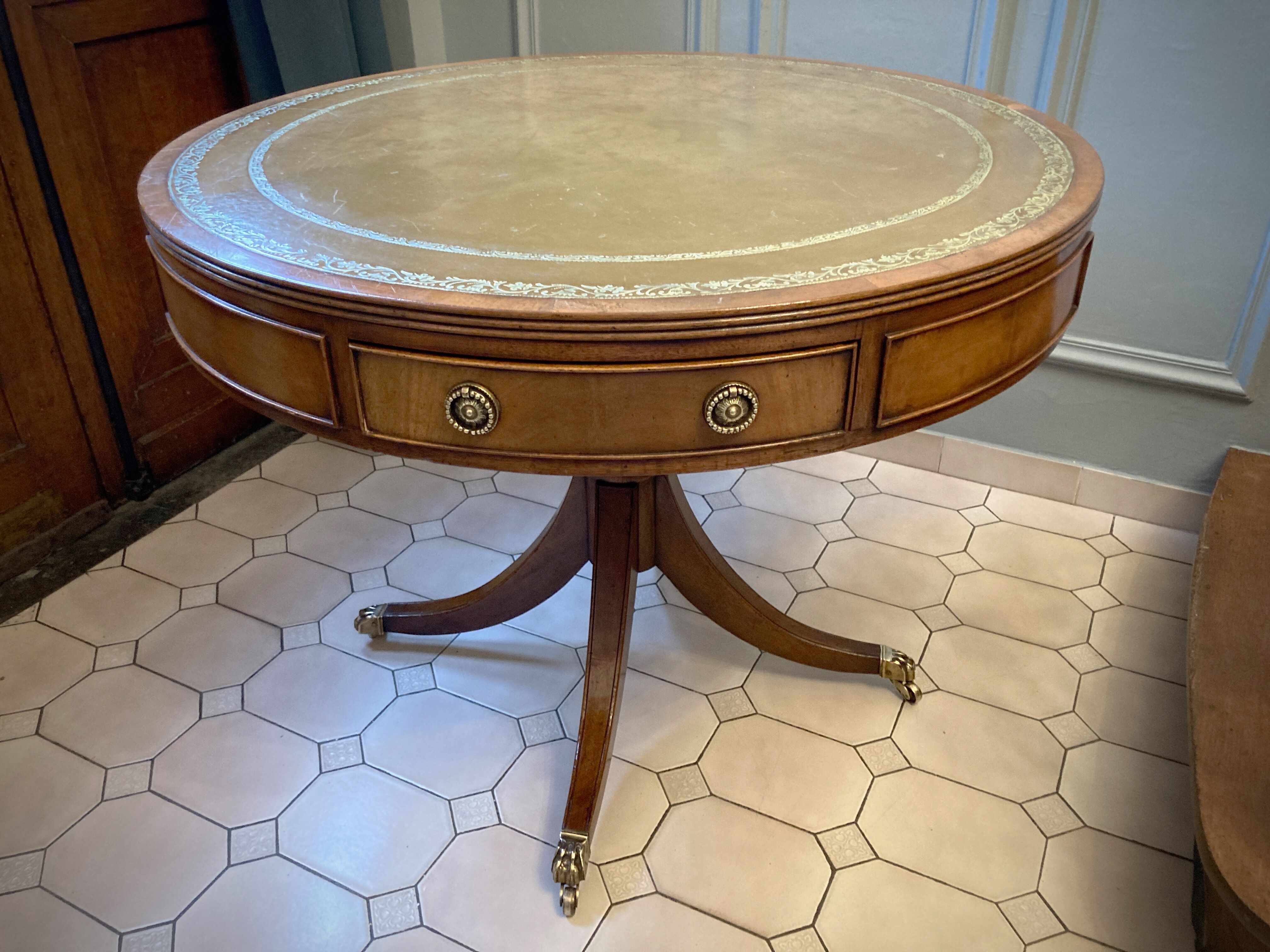 Old drum table 1900 cherry leather and brass