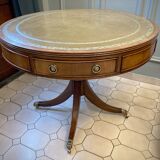 Table tambour 1900  merisier cuir et laiton