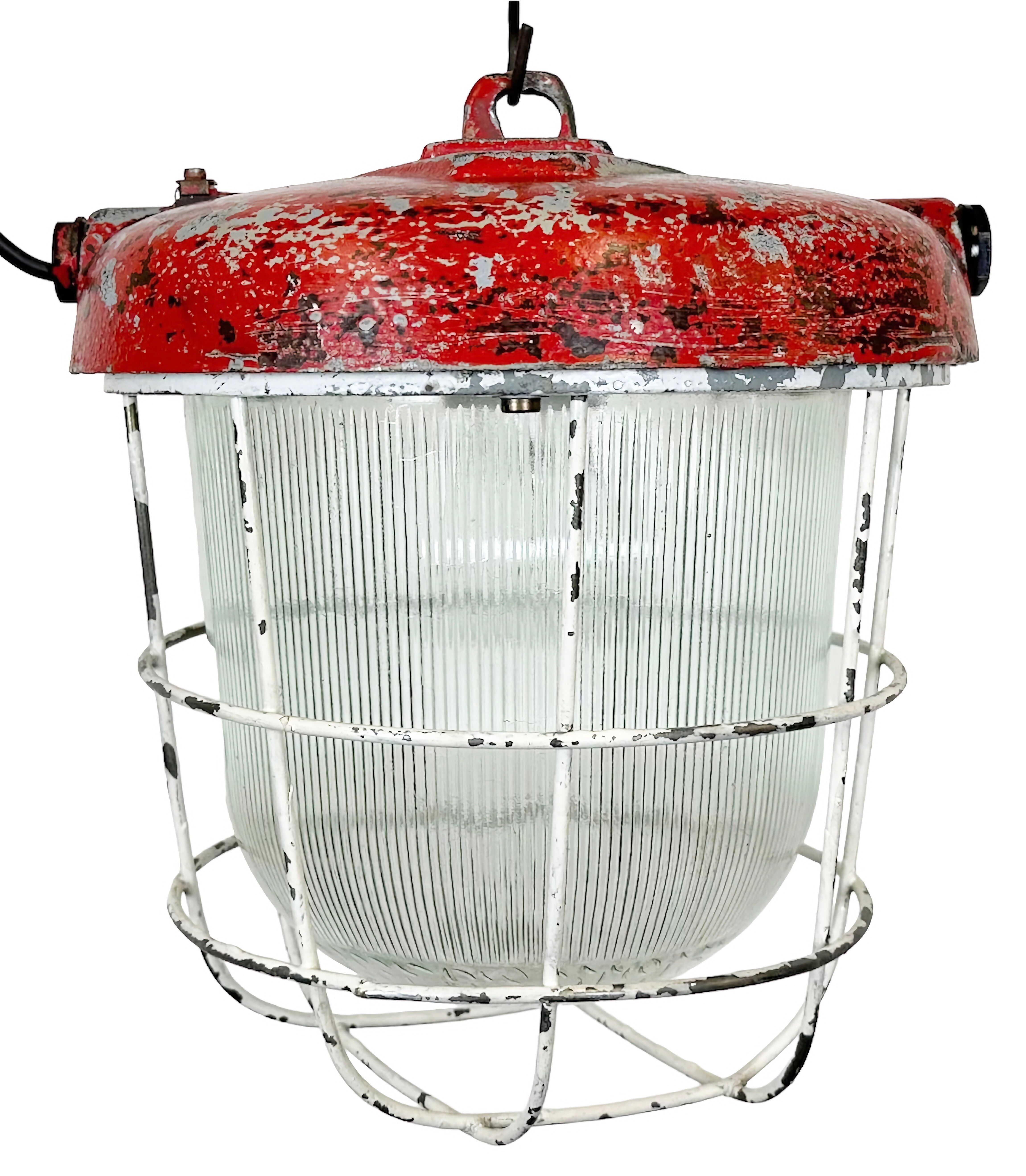 Red industrial cast iron cage pendant light, 1960s