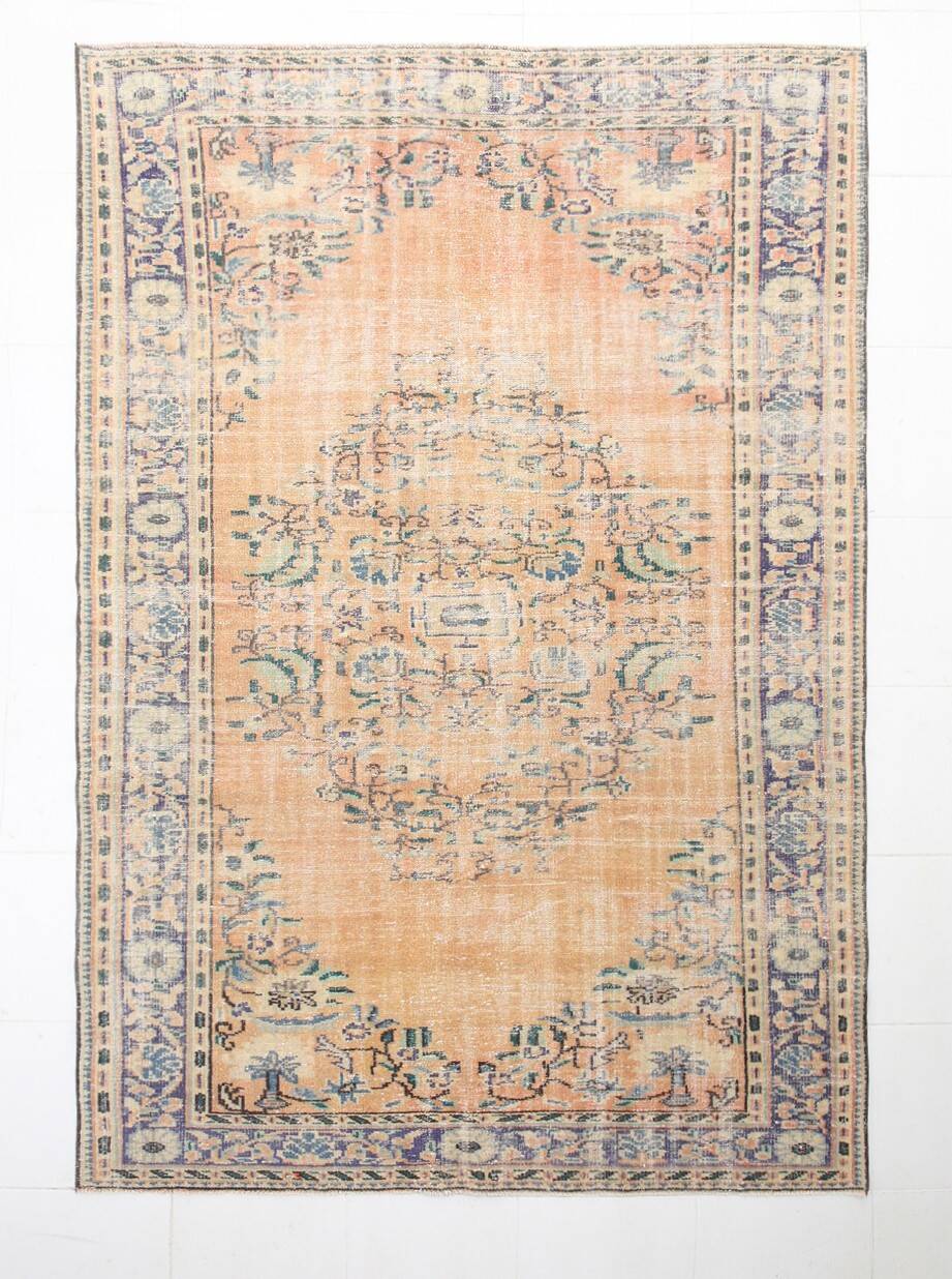 6x9 Vintage Orange & Blue Floral Pattern Turkish Vintage Rug, 180x275 Cm