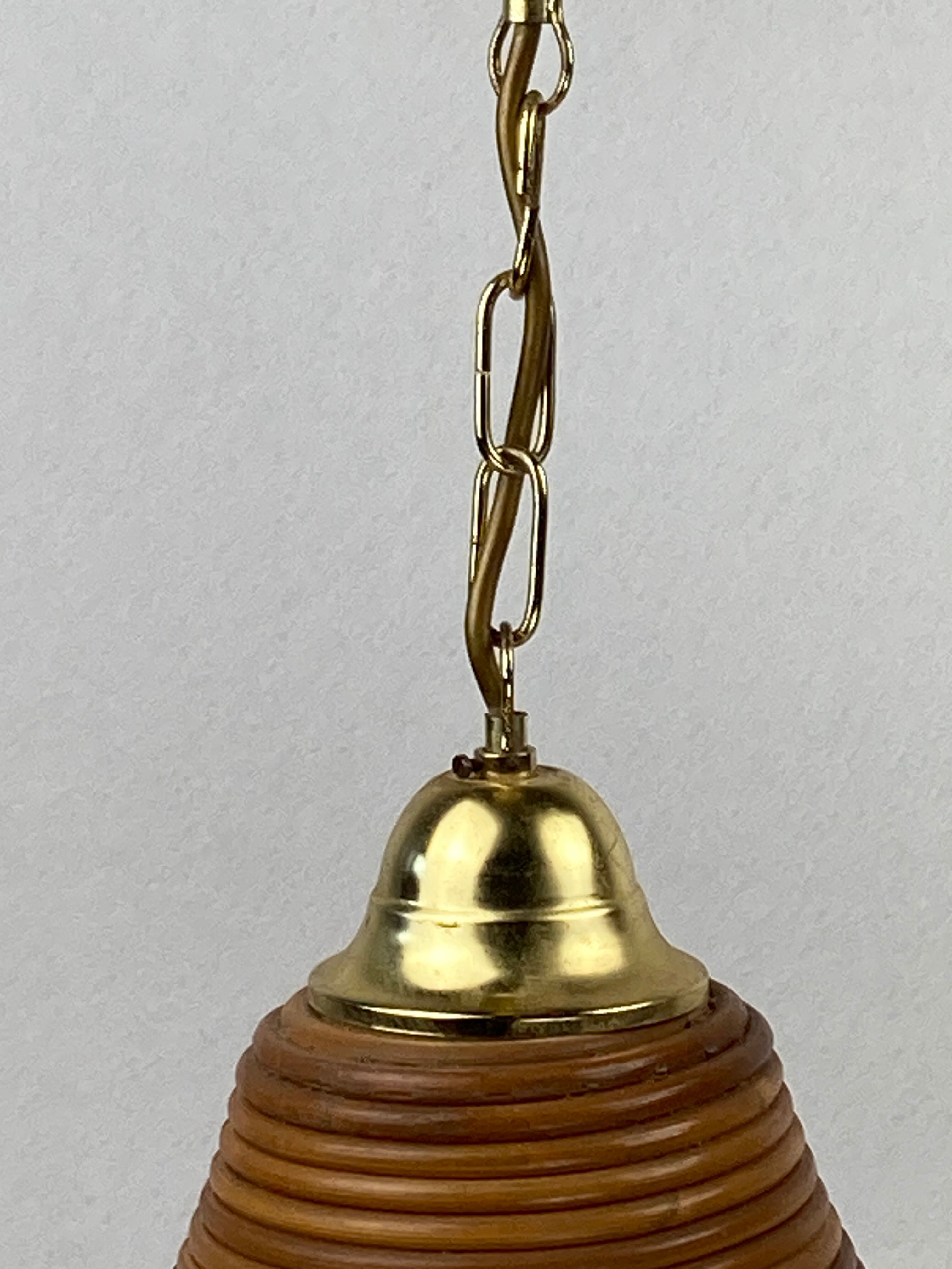 Pencil split reed rattan bamboo and brass pendant Lamp, 1970s