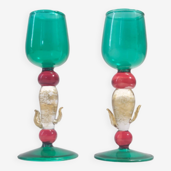 Paire postmoderne de verres à liqueur bleu sarcelle, rouge et or par Salviati, Murano, Italie