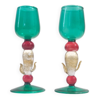 Postmodern Pair of Teal, Red and Gold Liqueur Glasses by Salviati, Murano, Italy