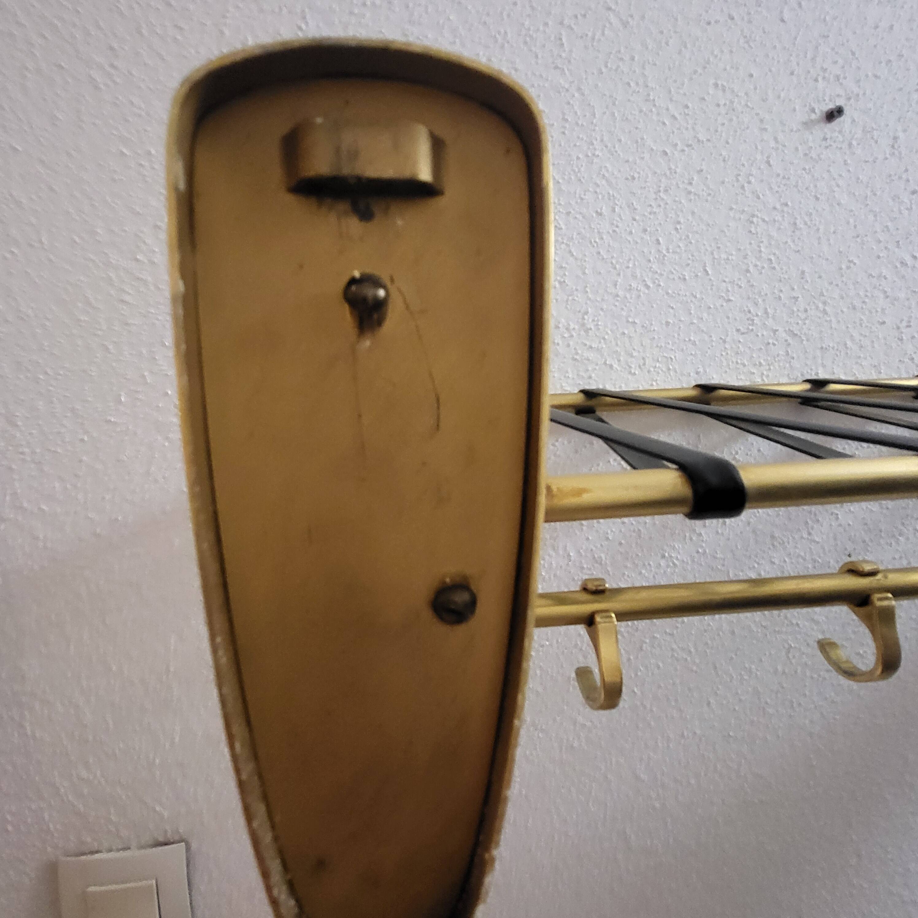 Coat rack, vintage 1950s-60s golden aluminium hats.