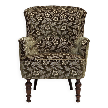 1950s, Danish armchair, green furniture velour, ash wood legs.