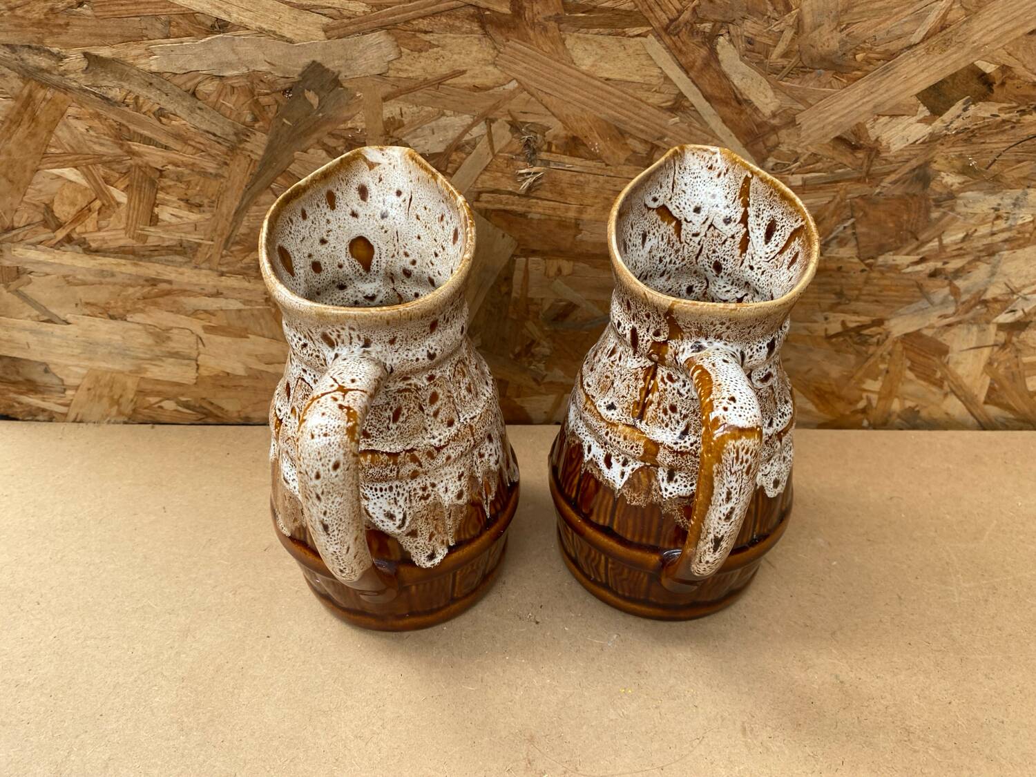 Pair Antique Brown Ceramic Barrel Shaped Pitchers Vintage