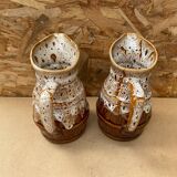 Pair Antique Brown Ceramic Barrel Shaped Pitchers Vintage
