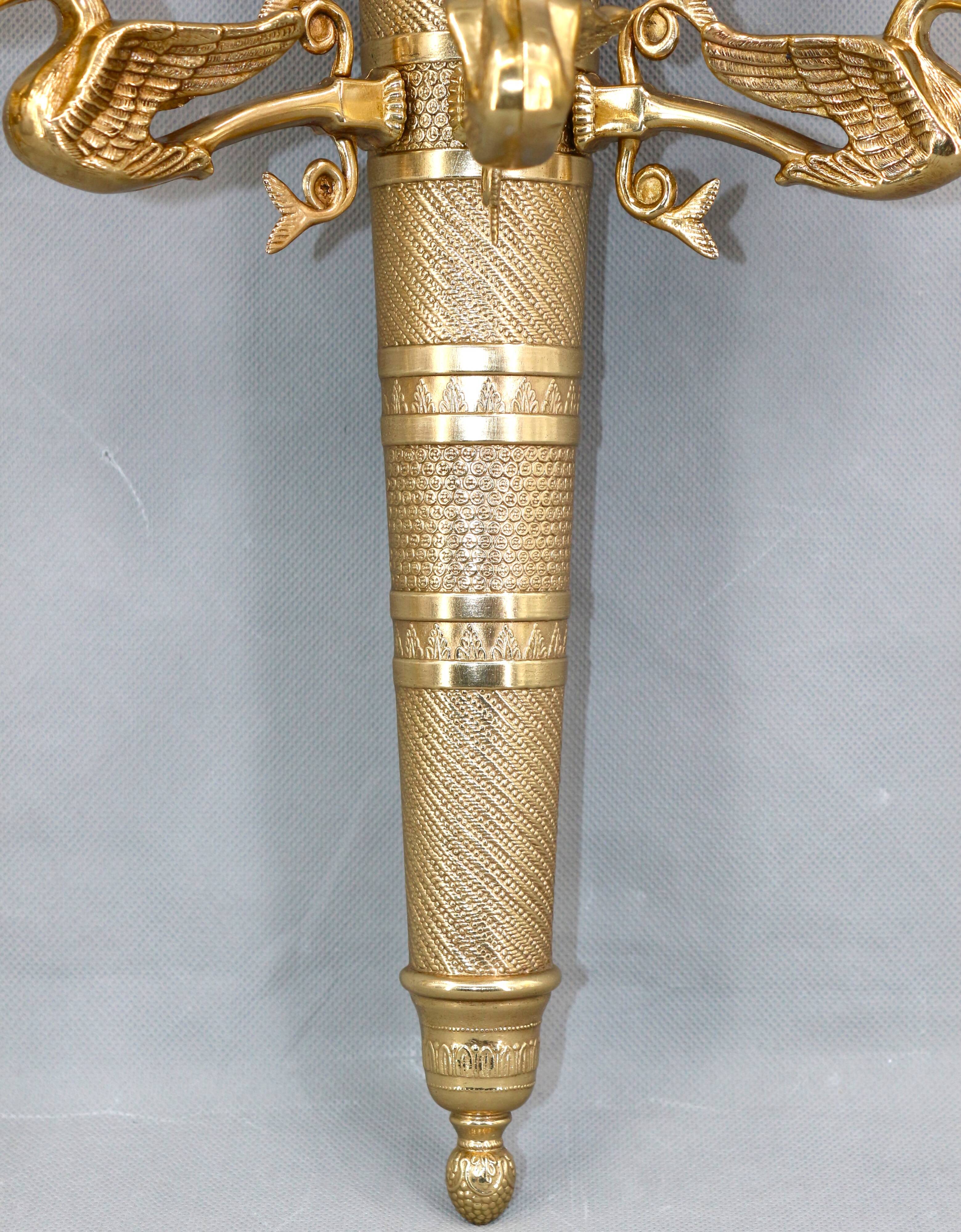 Large pair of Napoleonic gilt bronze empire style wall lights with three candles