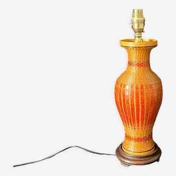 Vintage chinese lamp 1970 bamboo woven on rattan porcelain vase