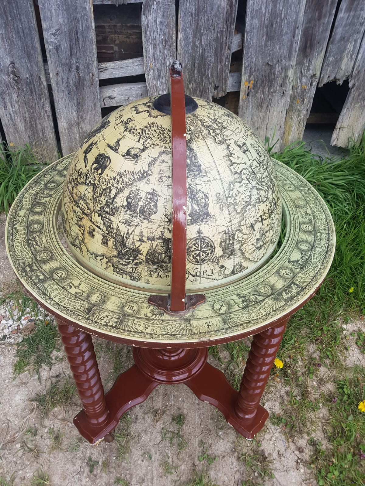 Former Bar Mappemonde Structure Wood Torsadé - Globe Metal Turning Vintage