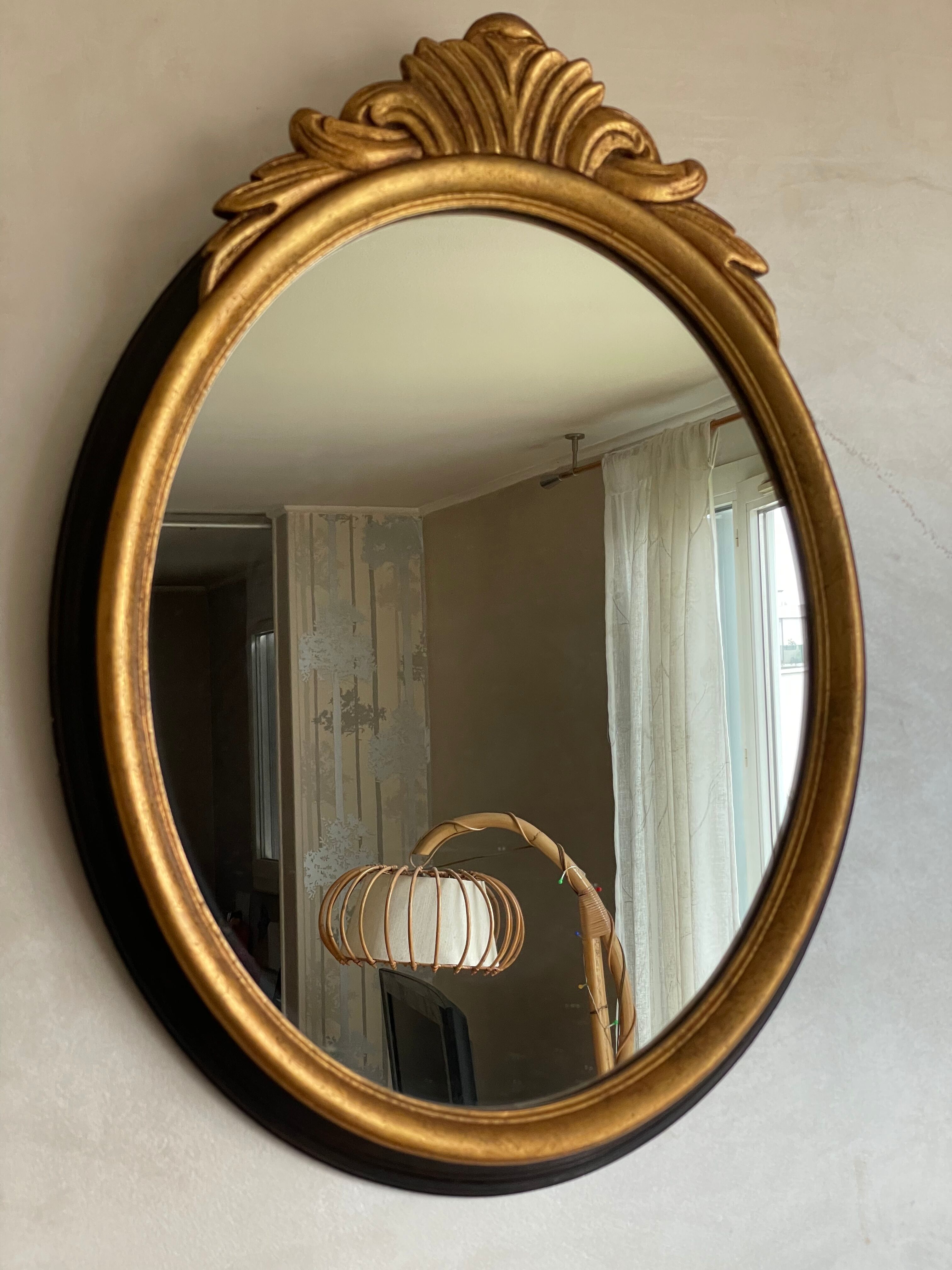 Oval mirror black and gold wood 65x50cm