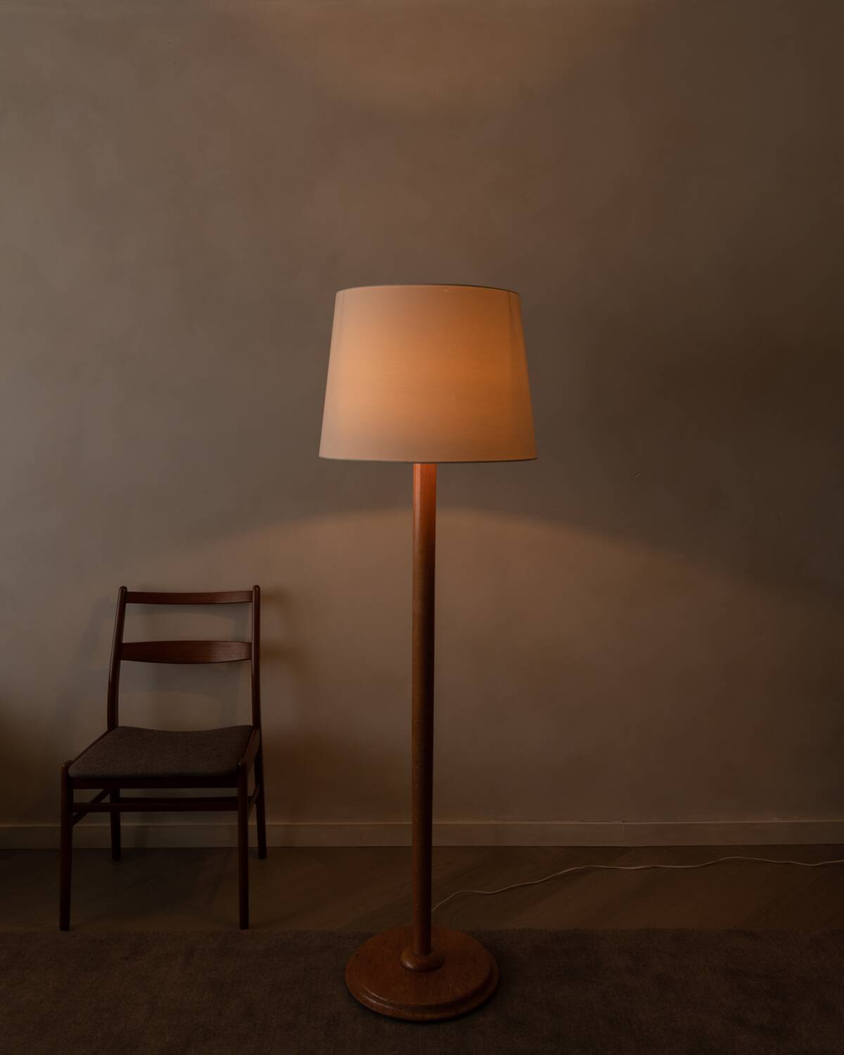 Vintage Scandinavian pine floor lamp with fabric shade