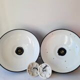 Duo of white and black enameled sheet metal pendants