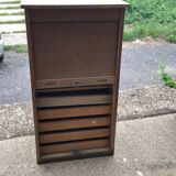 Brown lacquered wooden industrial cabinet with sliding curtain, 1950s, Czech Republic.