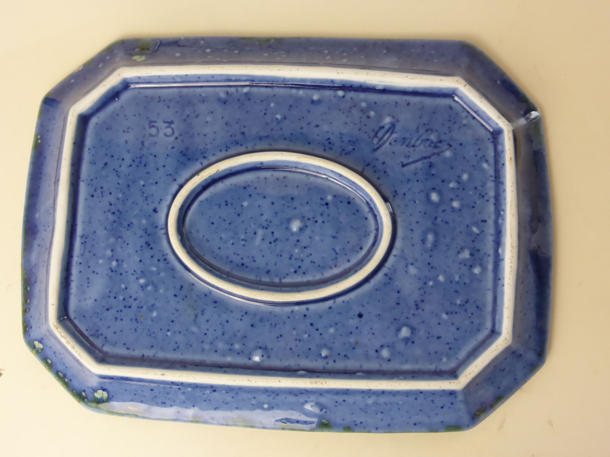 Octagonal top signed Denbac ceramic blue green