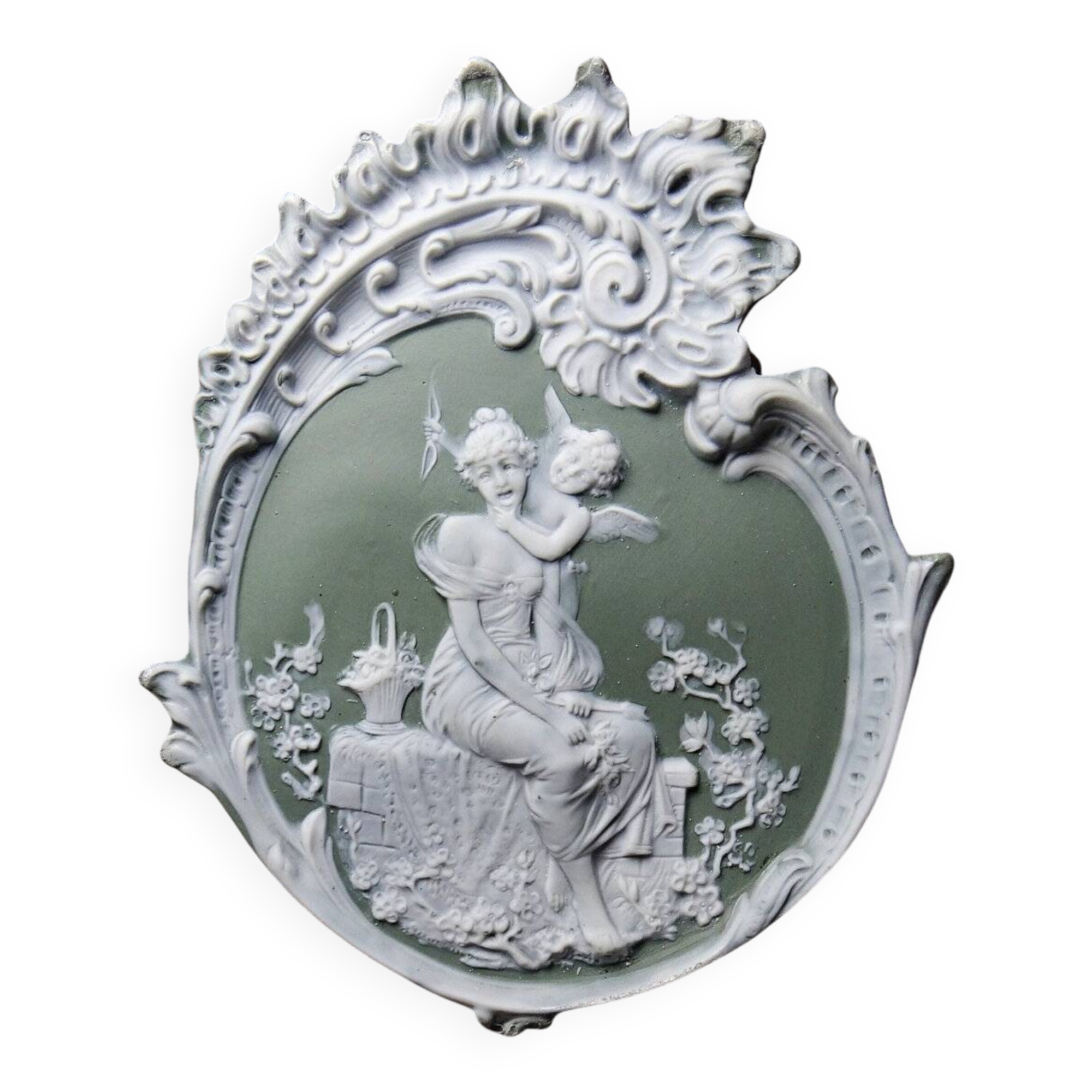 Médaillon mural rococo ancien en biscuit bichrome Jasperware