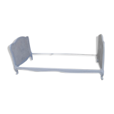 Artisanal double cannage bed, bench, pearl gray patina.