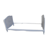 Artisanal double cannage bed, bench, pearl gray patina.