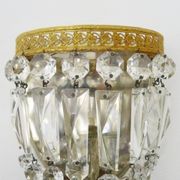 Pair of vintage bronze basket wall lights with glass pendants. The 50's