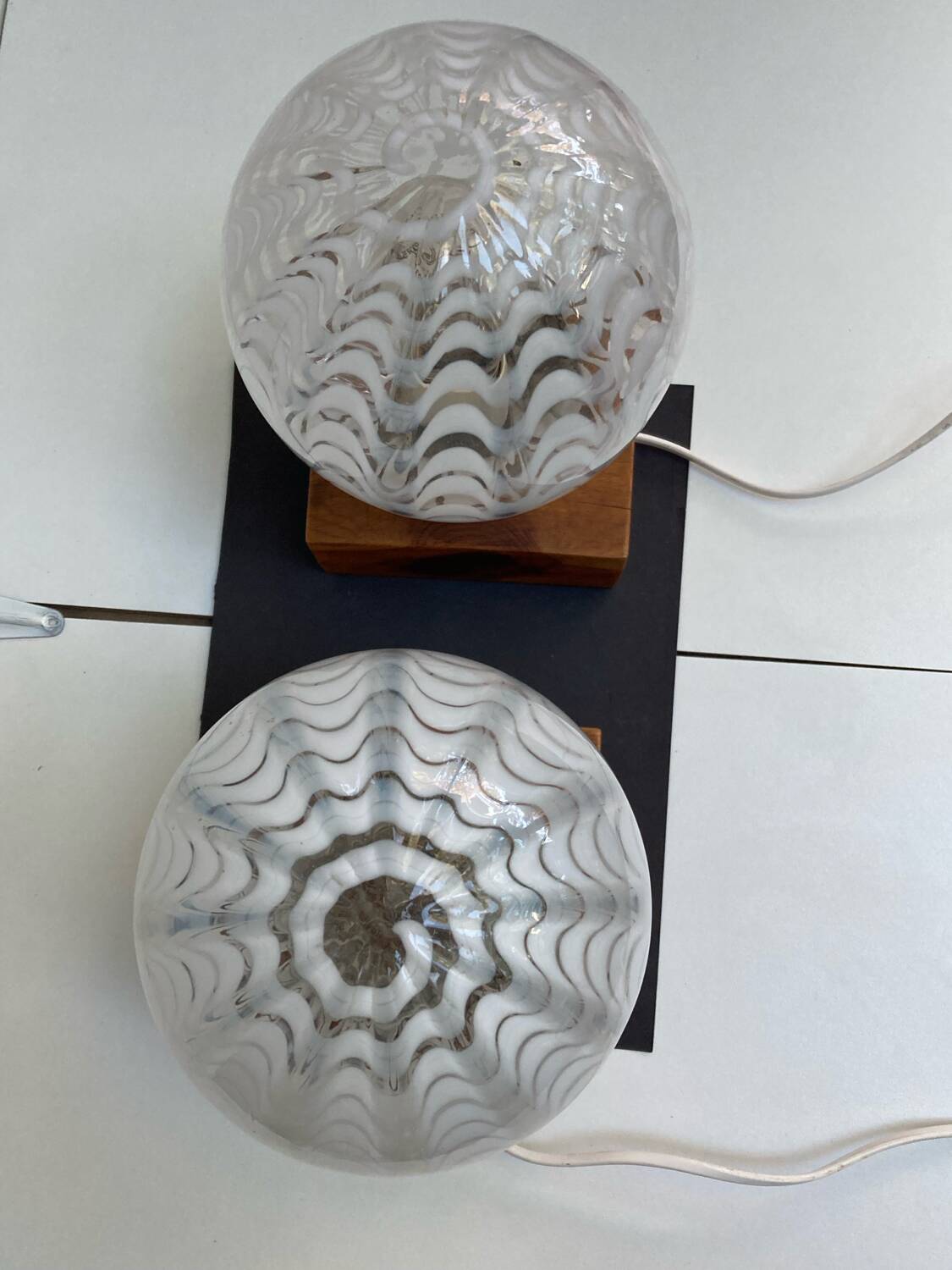 Pair of vintage 80s glass globe table lamps with wooden base