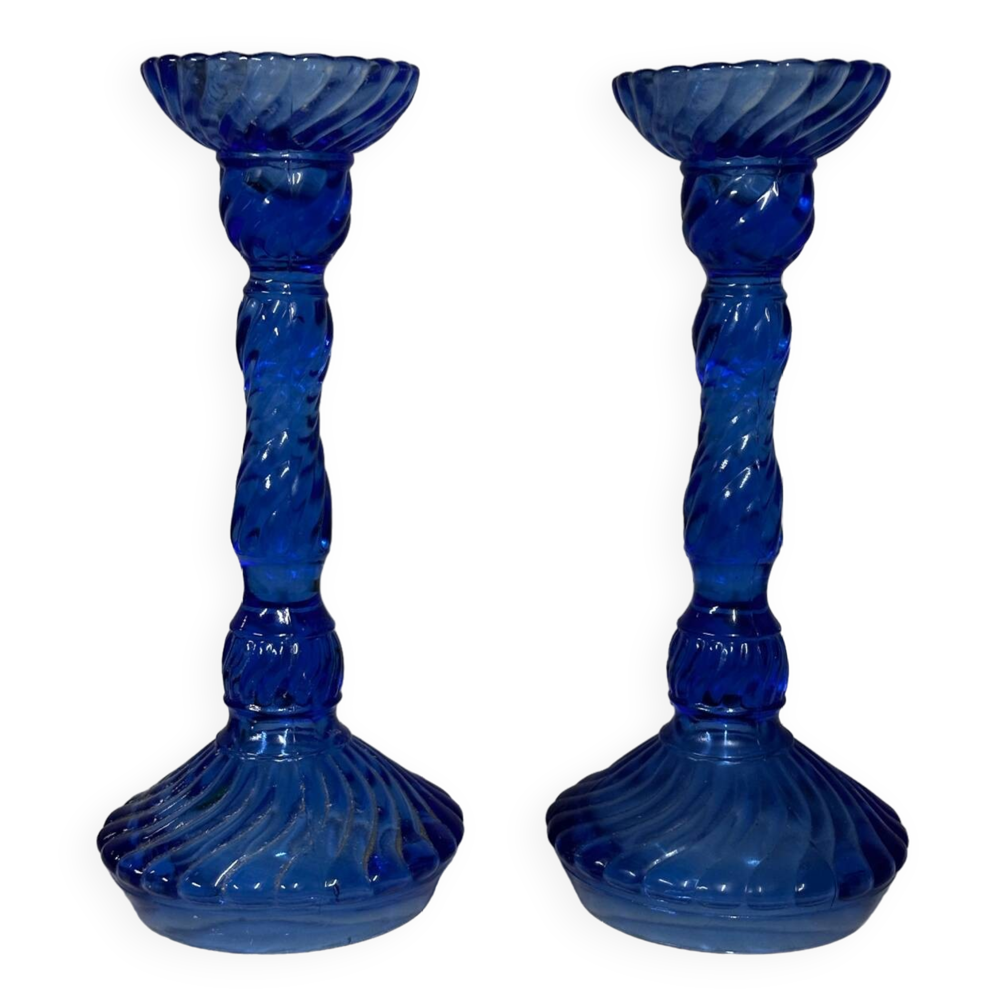 Pair of vintage cobalt blue twisted glass candlesticks h 24.5 cm