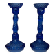 Pair of vintage cobalt blue twisted glass candlesticks h 24.5 cm