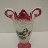 Ancien vase art nouveau en faience fine  "onnaing"blanc et rose décors oiseaux