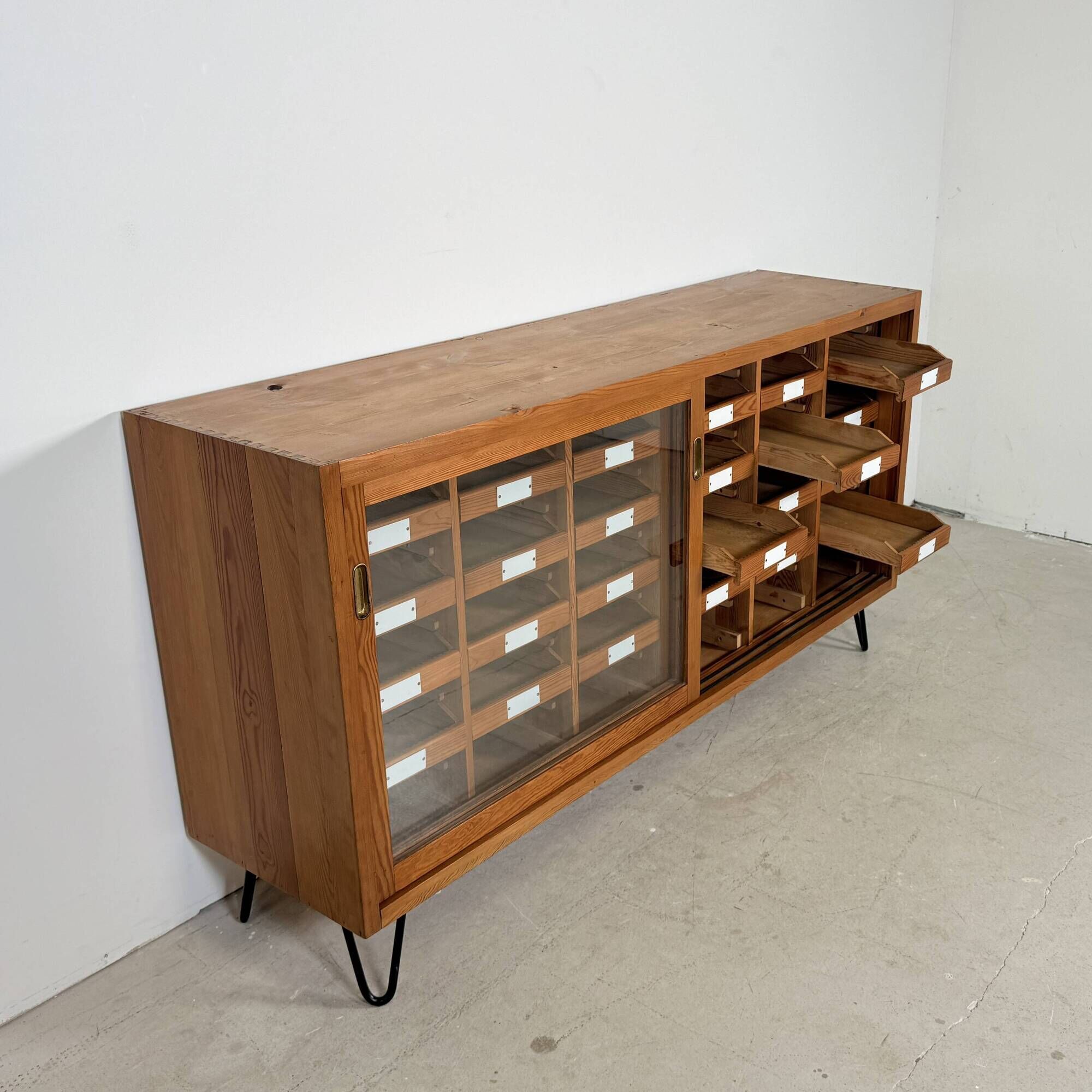 Vintage German Pine Sideboard / Sorting Cabinet with 24 Drawers & Glass Sli
