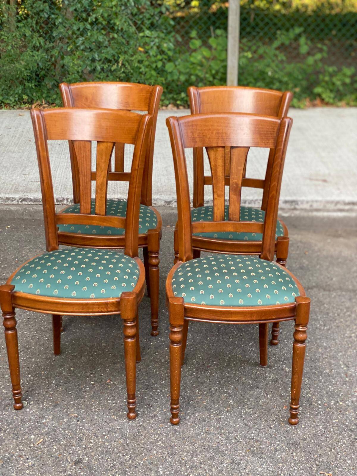 4 solid wood dining chairs with green fabric Louis Philippe 198