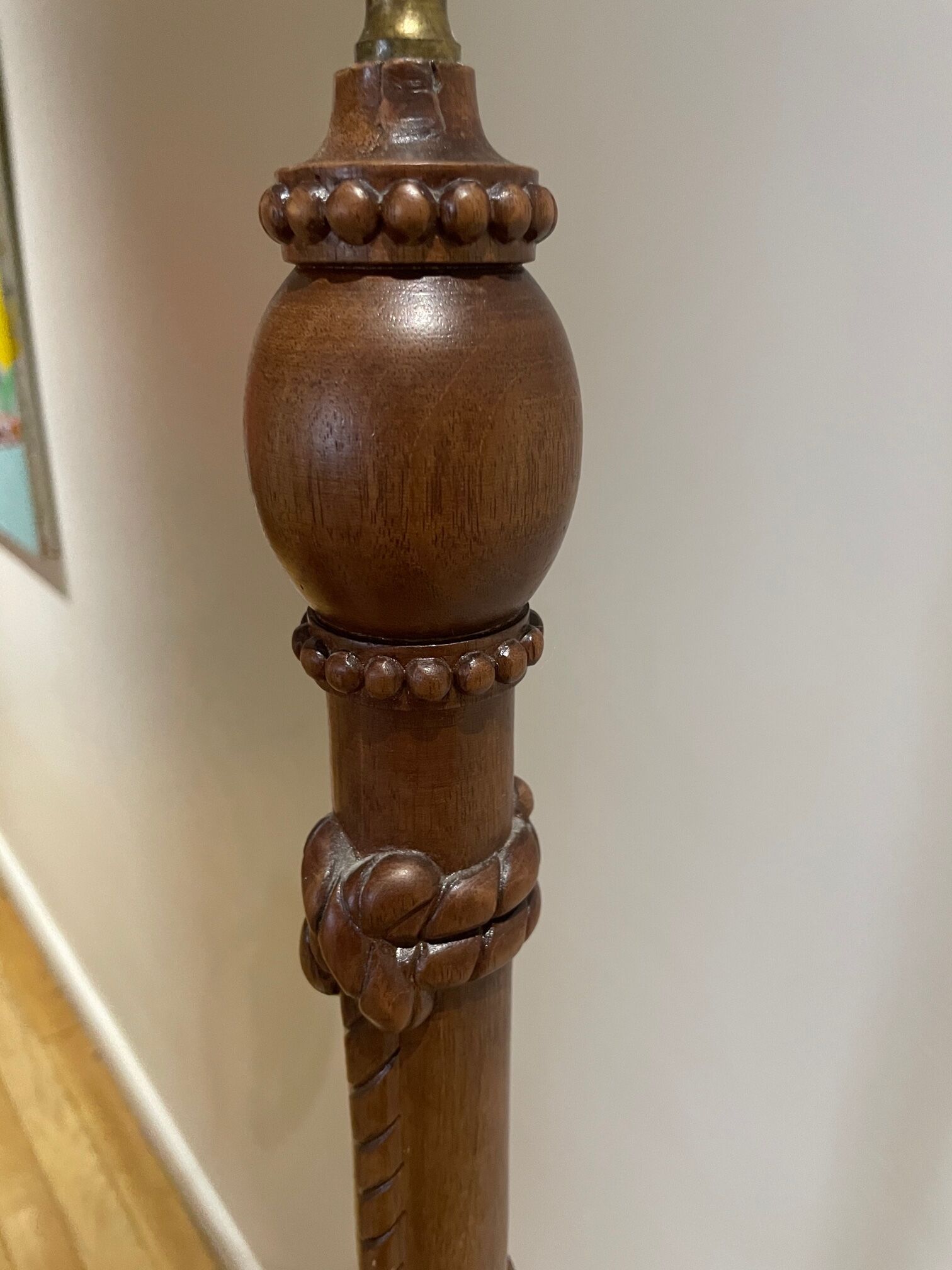 carved wooden floor lamp from the 40s