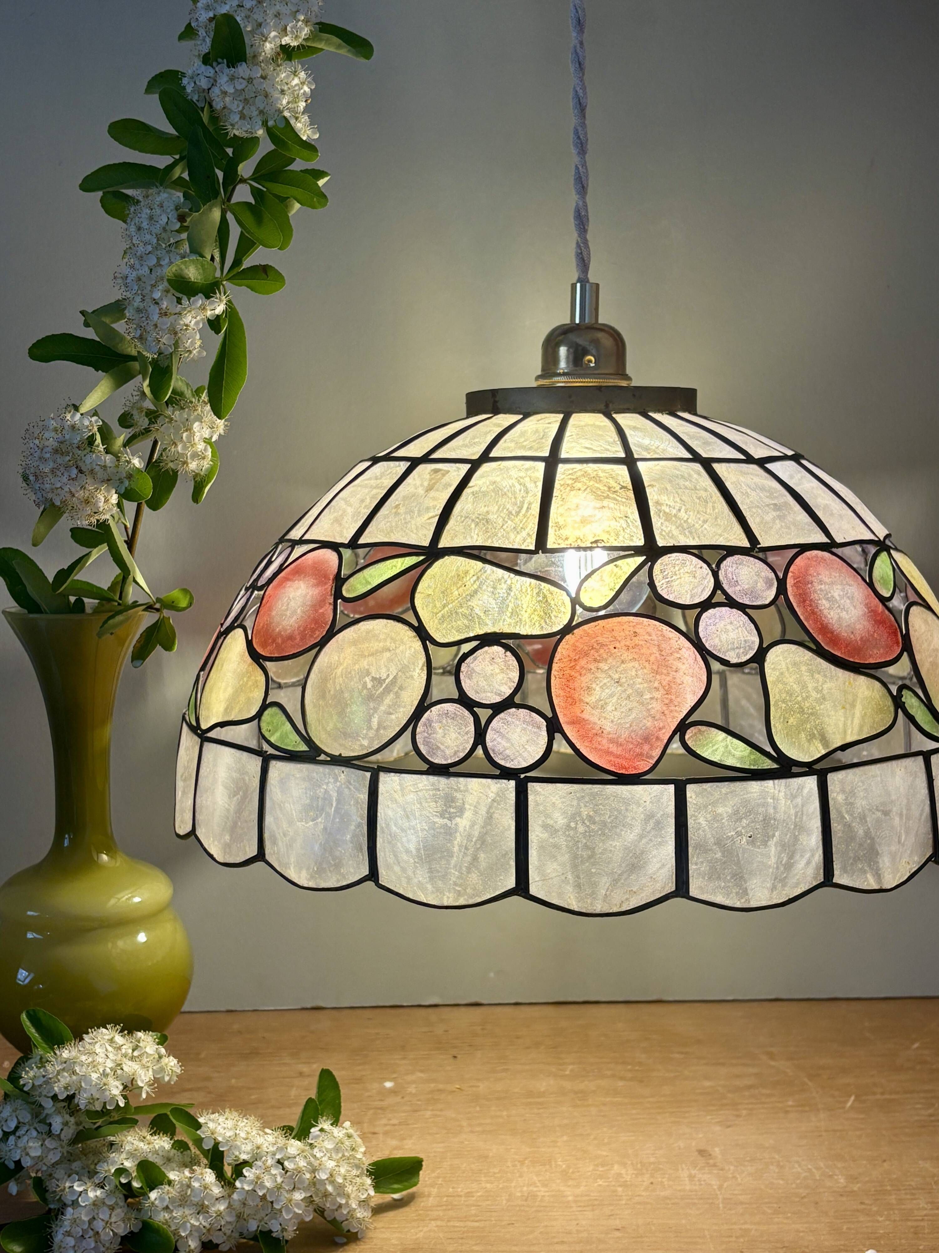 Vintage mother-of-pearl and brass pendant lampshade with fruit decorations
