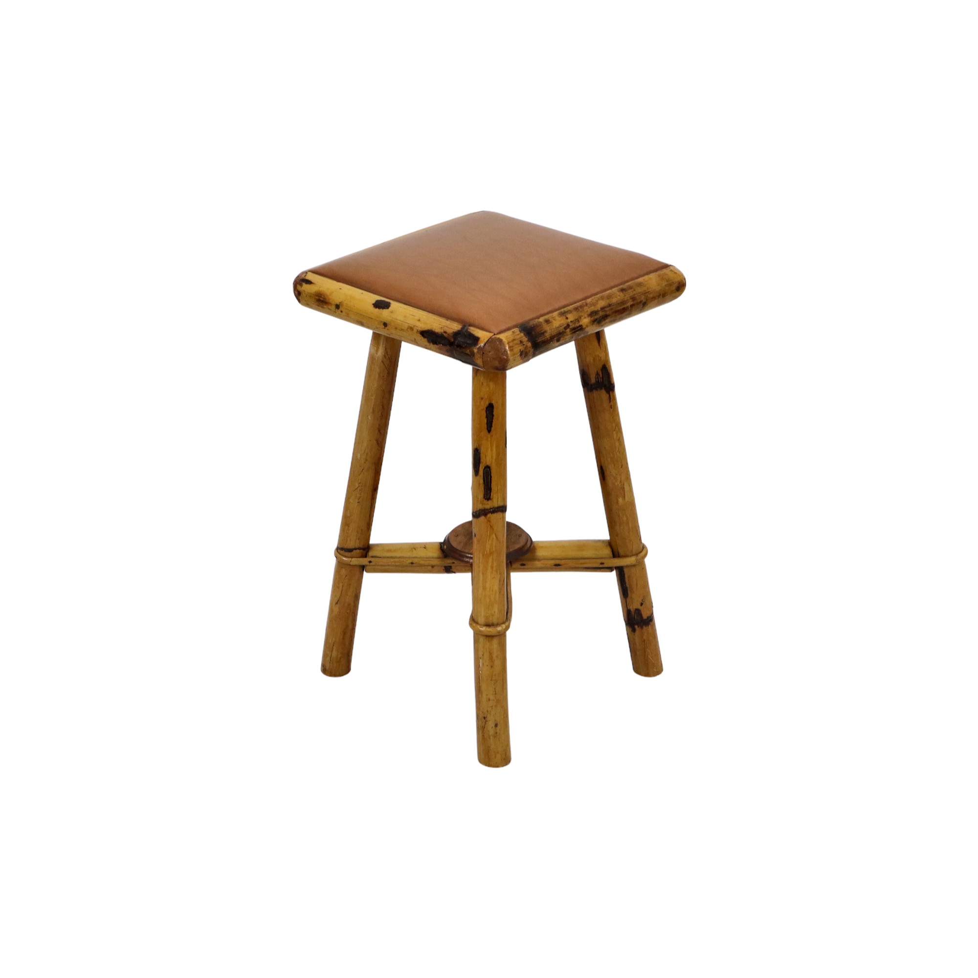 Vintage stool bamboo wood skai leather wooden tabuuret 49cm