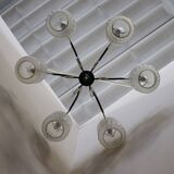 Glass, wood, brass and black lacquered metal chandelier, Italy, 1950