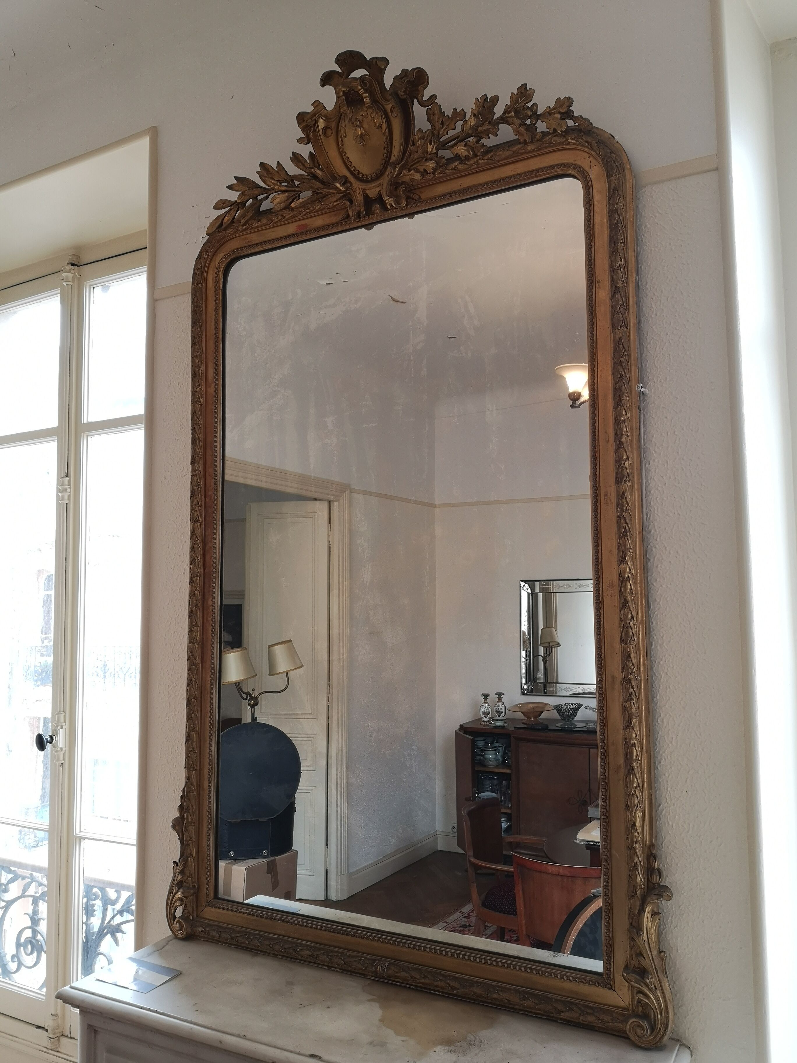 Golden wood fireplace mirror 190x110cm