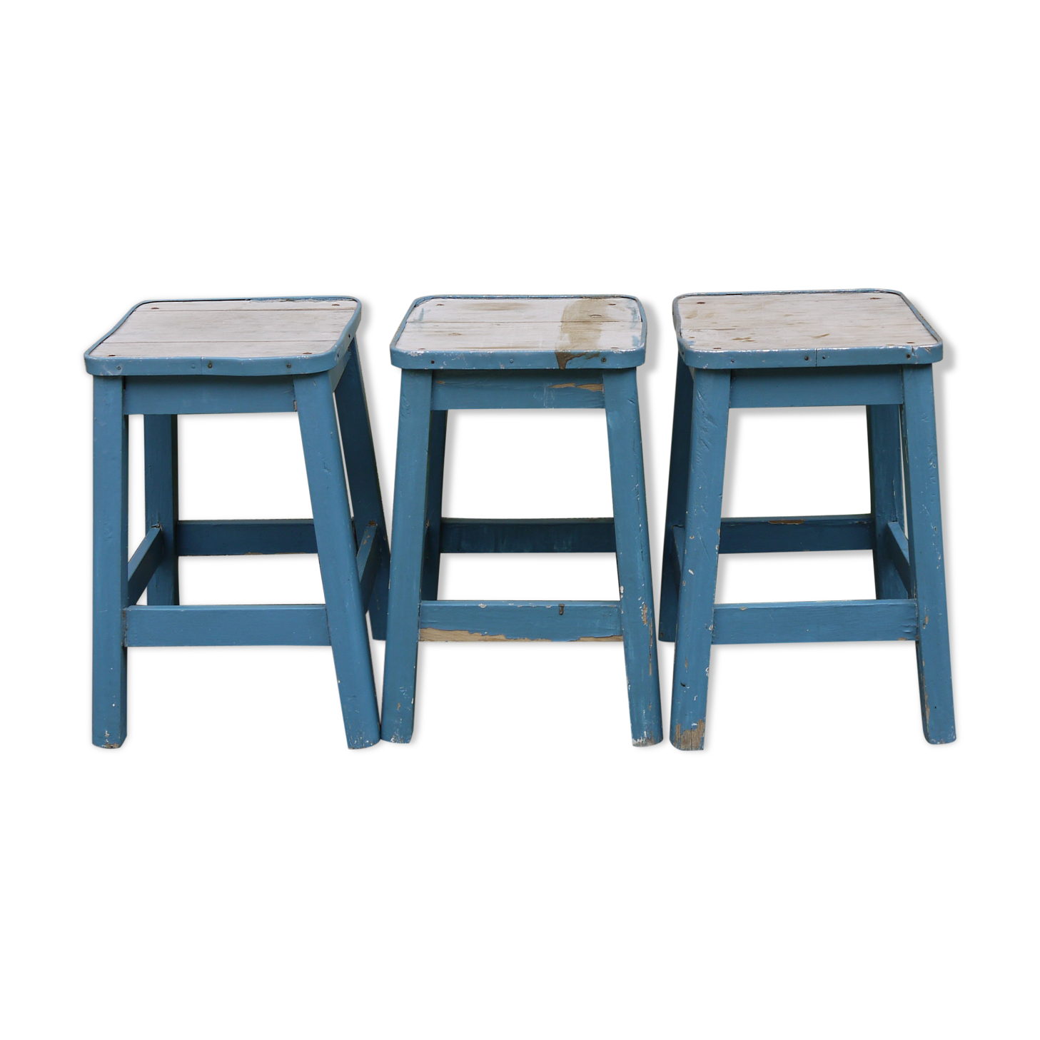 Three blue wooden stools