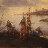 Antique landscape painting with men-at-arms from the 17th century