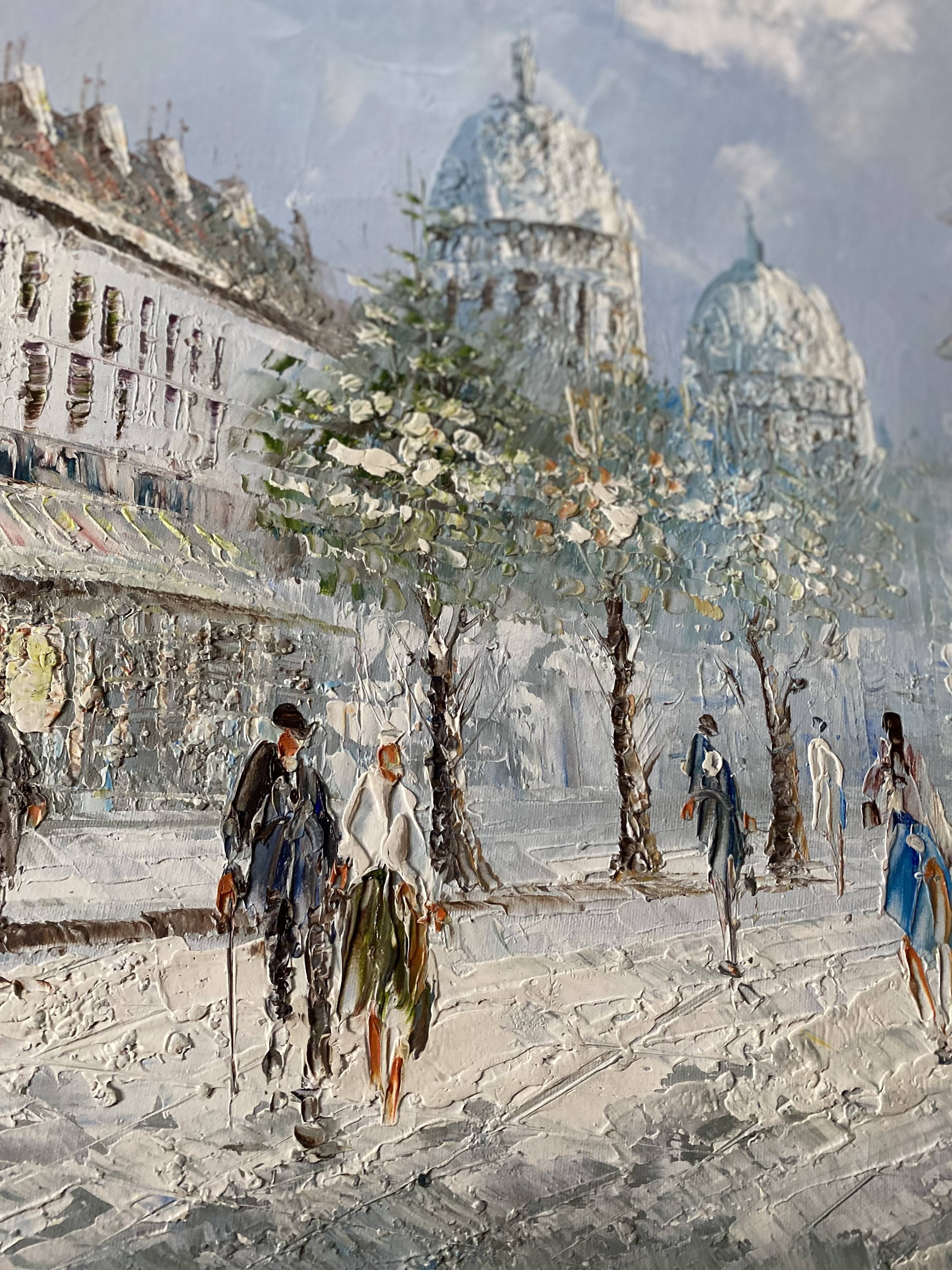 Painting by louis burnett, animated scene in montmartre, paris vintage 1950