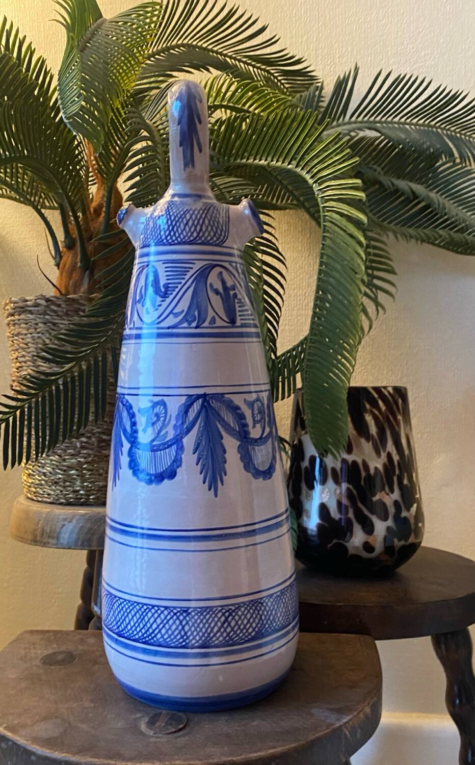 Vintage Spanish Hand Painted Glazed Ceramic Vase / Water Jug