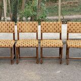 4 Henri II chairs in solid wood and yellow-beige velvet.