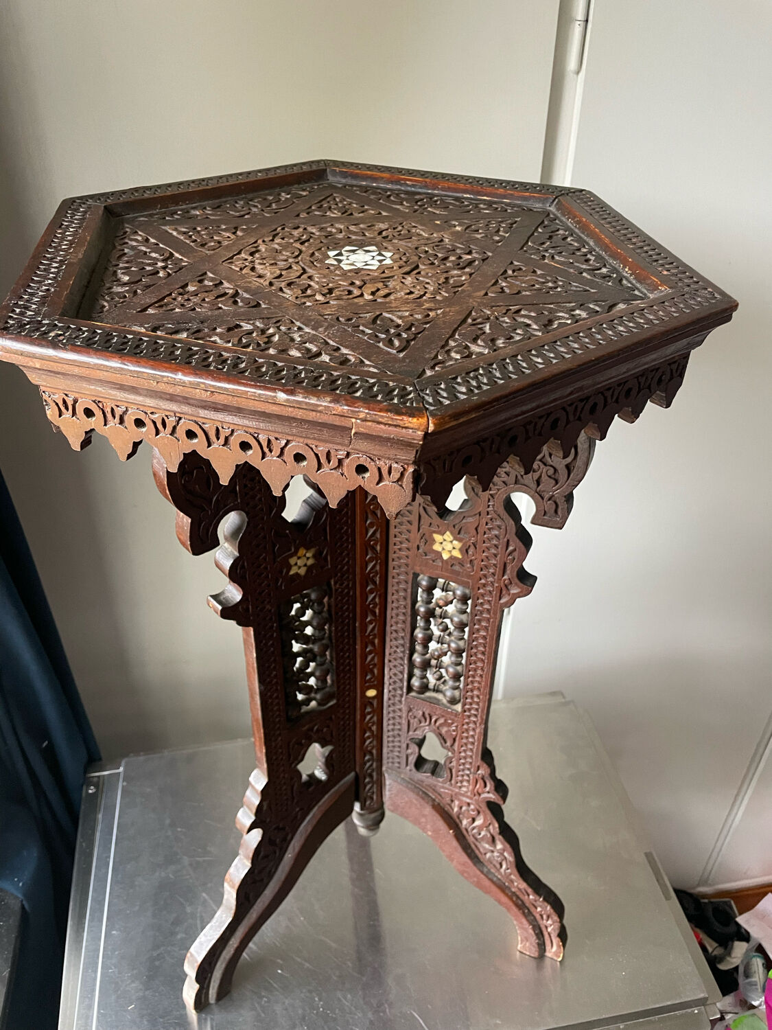 Antique Ottoman Turkish table with inlays and intricate carvings