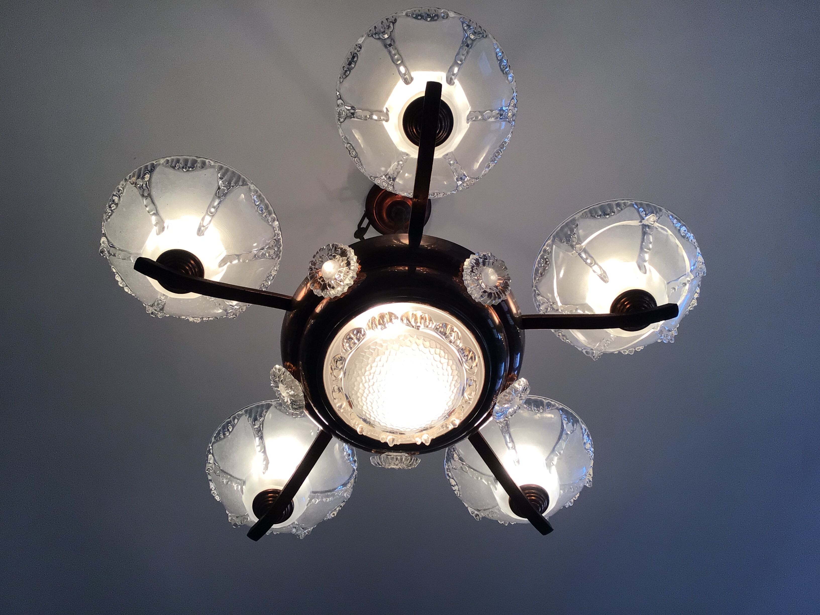 Copper chandelier and Art Deco glass paste Ezan