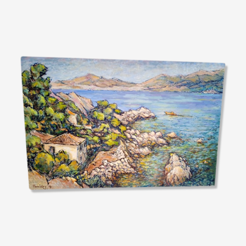 Paysage provençale calanque huile / carton signée 85/56cm