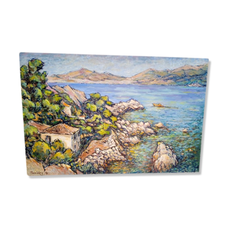 Paysage provençale calanque huile / carton signée 85/56cm