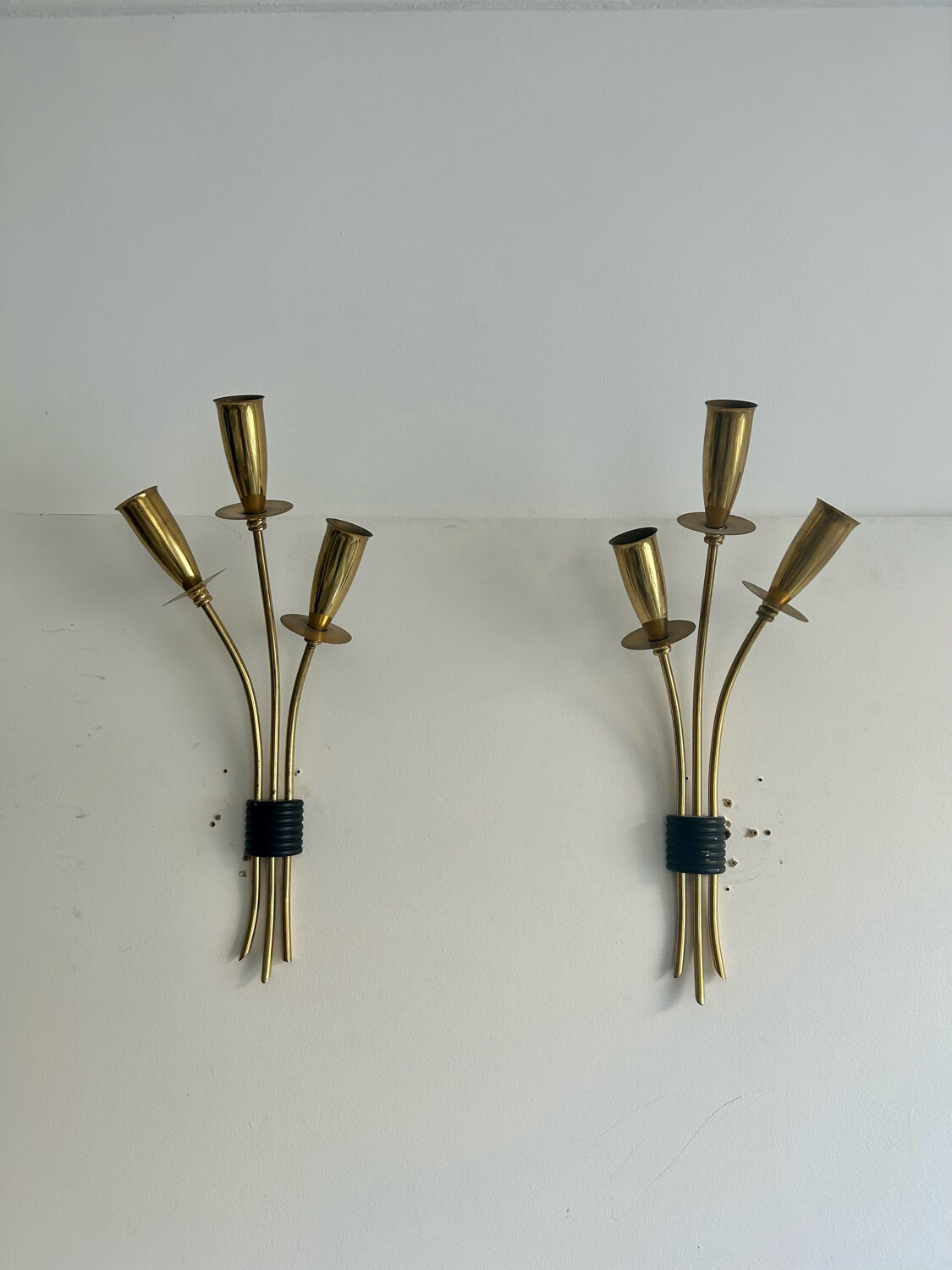 Pair of vintage wall lamps, solid brass, France 1950