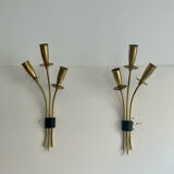 Pair of vintage wall lamps, solid brass, France 1950