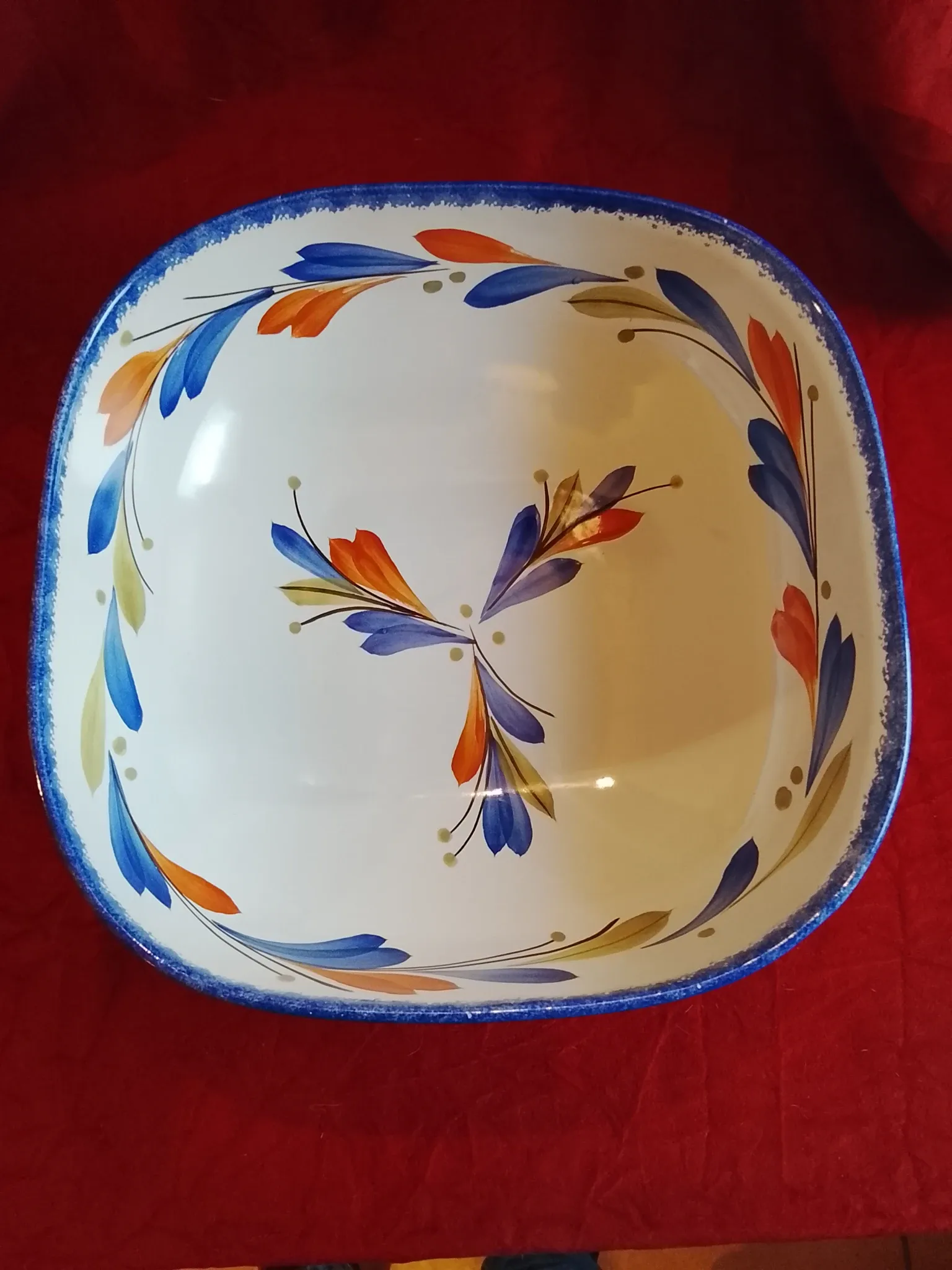 LARGE SQUARE SALAD BOWL / FRUIT BOWL IN FAIENCE SIGNED "QUIMPER"